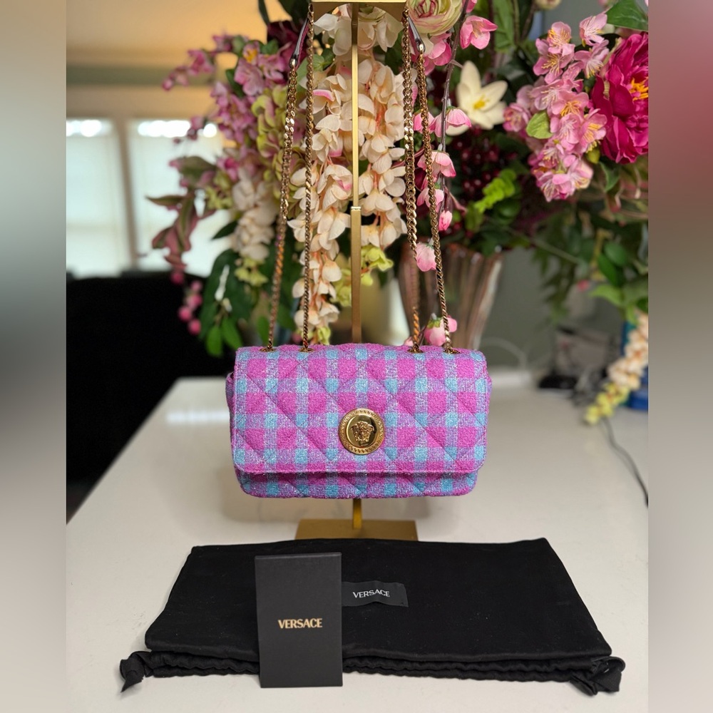 Versace La Medusa Gold Logo Medallion Boucle Tweed Quilted Flap Shoulder Bag NWT - Picture 16 of 16